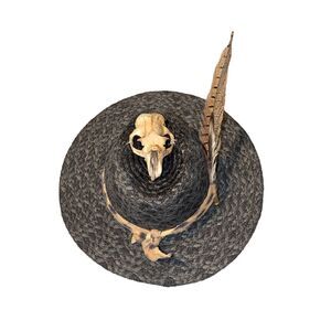 Upcycled Animal Skull and Feather Black Straw Coyboy Hat
